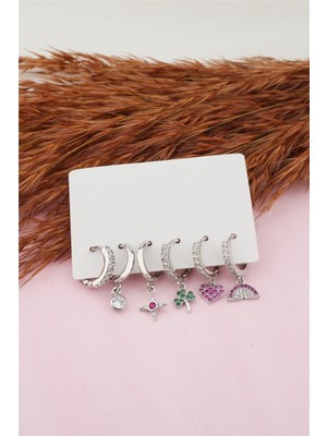 By Zeyna Aksesuar Kadın Altın Kaplama Kararmaz Zirkon Taşlı Yonca ve Kalp Detaylı 6'lı Küpe Set