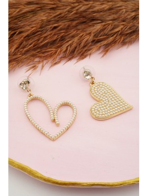 By Zeyna Aksesuar Kadın Kararmaz  Altın Kaplama Özel Tasarım Beyaz Inci  Detaylı Kalp Küpe