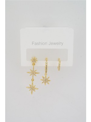 By Zeyna Aksesuar Kadın Kararmaz Altın Kaplama 3'lı Zirkon Set Küpe