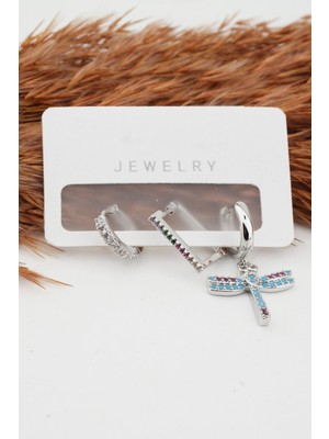 By Zeyna Aksesuar Kadın Altın Kaplama Kararmaz Yusufcuk Figürlü  3'lü Zirkon Set Küpe