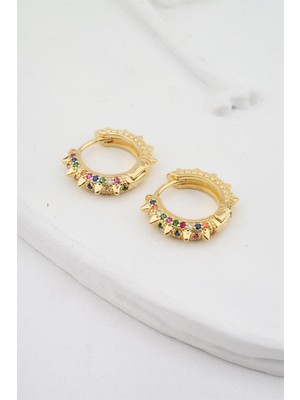 By Zeyna Aksesuar Kadın Altın Kaplama Renkli Zirkon Taşlı Halka Küpe