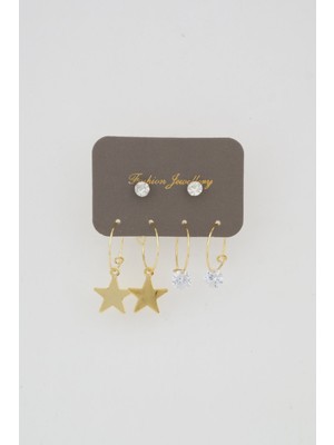 By Zeyna Aksesuar Kadın Yıldız ve Tek Taşlı Sallantılı Küpe Set