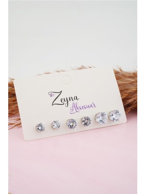 By Zeyna Aksesuar Kadın 3 Boy 6'lı Oval Zirkon Taşlı Küpe Set