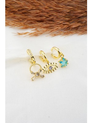 By Zeyna Aksesuar  Kadın Zirkon Taşlı Göz Figürlü 3'lü Küpe Seti