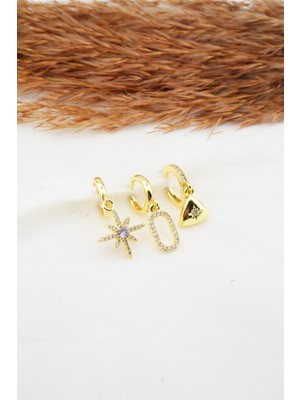 By Zeyna Aksesuar  Kadın Zirkon Taşlı Kuzey Yıldızı Figürlü 3'lü Küpe Seti