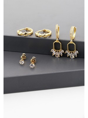 By Zeyna Aksesuar Kadın Altın Kaplama Baget Taşlı Zirkon 6'lı Set Küpe