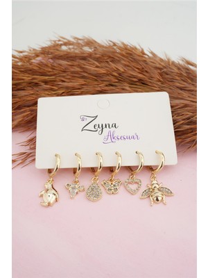 By Zeyna Aksesuar Kadın Karışık Figürlü Zirkon  6'lı Set Küpe