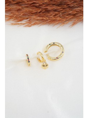 By Zeyna Aksesuar  Kadın Zirkon Taşlı Kalp Figürlü 3'lü Küpe Seti