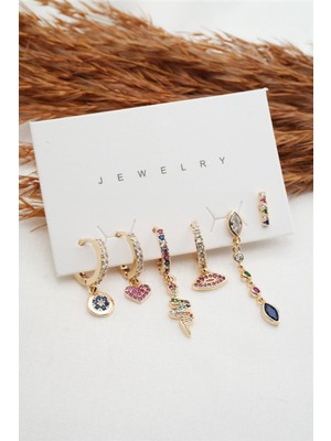 By Zeyna Aksesuar  Kadın Altın Kaplama Renkli Yılan ve Kalp Figürlü 6'lı Set Küpe