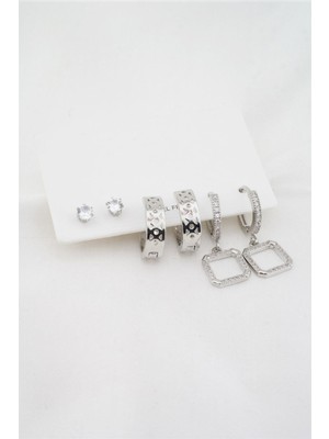 By Zeyna Aksesuar Kadın Altın Kaplama Kare Figürlü Zirkon Taşlı 6'lı Küpe Set