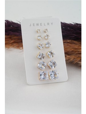 By Zeyna Aksesuar Kadın 6 Boy 12 Adet Kare Zirkon Taşlı Küpe Seti