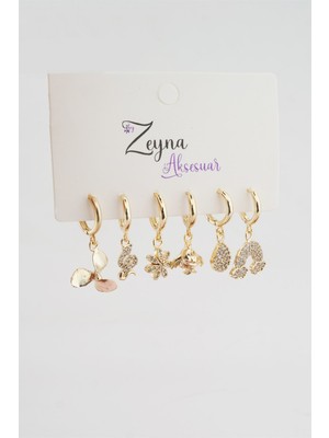 By Zeyna Aksesuar Kadın Karışık Figürlü Zirkon  6'lı Set Küpe
