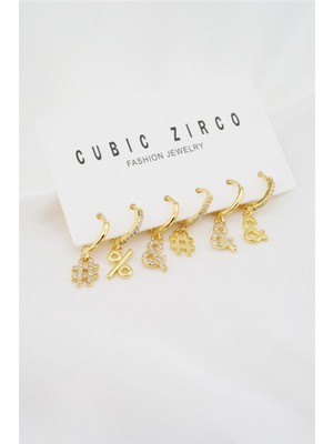 By Zeyna Aksesuar Kadın Altın Kaplama Hashtag Figürlü 6'lı Küpe Seti