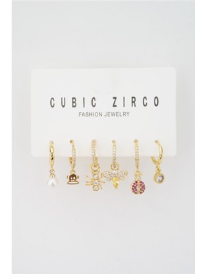 By Zeyna Aksesuar Kadın Altın Kaplama Mix Figürlü 6'lı Set Küpe