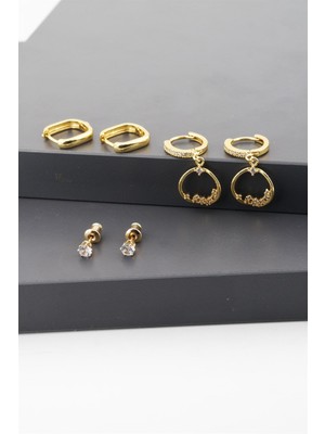 By Zeyna Aksesuar Kadın Altın Kaplama Zirkon Taşlı 6'lı Set Küpe