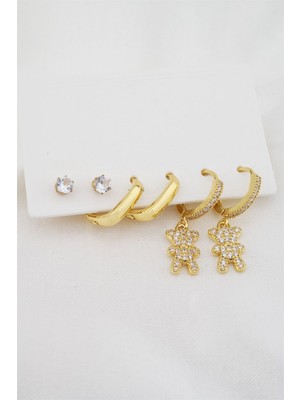 By Zeyna Aksesuar Kadın Altın Kaplama Zirkon Taşlı Ayıcık Figürlü 6'lı Set Küpe
