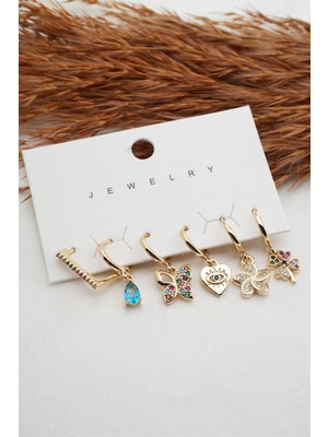 By Zeyna Aksesuar  Kadın Altın Kaplama Renkli Kelebek ve Yonca Figürlü 6'lı Set Küpe