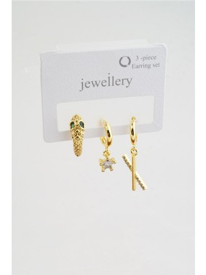 By Zeyna Aksesuar  Kadın Zirkon Taşlı  Yılan Model 3'lü Küpe Seti