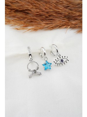 By Zeyna Aksesuar  Kadın Zirkon Taşlı Göz Figürlü 3'lü Küpe Seti