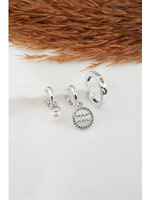 By Zeyna Aksesuar  Kadın Baget Zirkon Taşlı Inci Detaylı 3'lü Küpe Seti