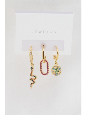 By Zeyna Aksesuar Kadın Altın Kaplama Renkli Zirkon Taşlı Yılan Model 3'lü Küpe Set