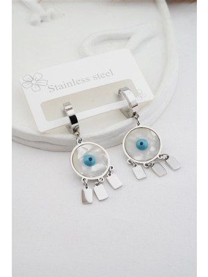 By Zeyna Aksesuar  Kadın Kararmaz 316L Çelik Göz Detaylı Sallantılı 2'li Küpe Set