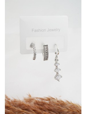 By Zeyna Aksesuar Kadın Altın Kaplama Zirkon Taşlı 3'lü Küpe Seti