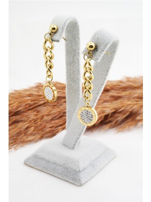 By Zeyna Aksesuar Kadın 316L Çelik Prenses Zincirli ve Zirkon Taşlı Küpe