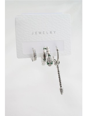 By Zeyna Aksesuar Kadın Altın Kaplama Zirkon Taşlı Yılan Model 3'lü Küpe Set