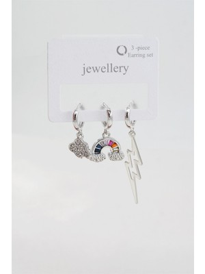 By Zeyna Aksesuar Kadın Baget Zirkon Taşlı Bulut ve Şimşek Figürlü 3'lü Set Küpe