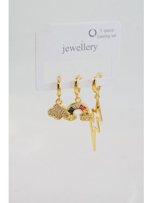 By Zeyna Aksesuar Kadın Baget Zirkon Taşlı Bulut ve Şimşek Figürlü 3'lü Set Küpe