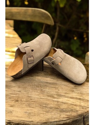Land of Cork Anatomik Doğal Mantar Taban Hakiki Süet Deri Ark Destekli Unisex Kapalı Sabo Terlik – Taupe