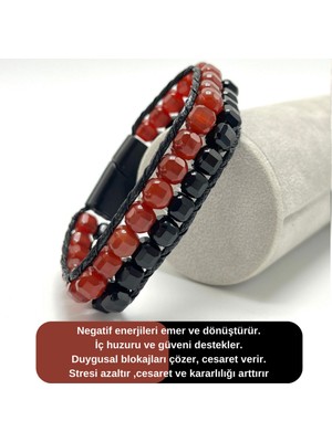Sertifikalı Kırmızı Akik ve Obsidyen Çift Sıra Küp Kesim Kilitli Doğal Taş Bileklik 6mm Taş
