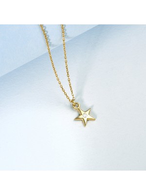 14 Ayar Altın Kaplama Zarif Minimal Taşlı Yıldız Gümüş Kolye - CNS00651