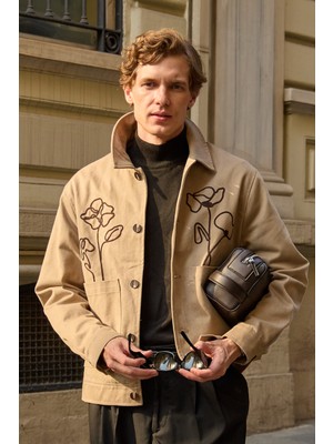 Erkek Çiçek Desenli Ceket Bej