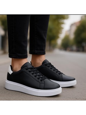Erkek Siyah Beyaz Tabanlı Bağcıklı Sneaker Spor Ayakkabı