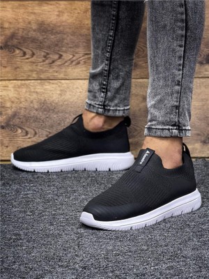 Unisex Ortopedik Bağcıksız Triko Spor Ayakkabı-Siyah-Beyaz