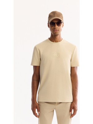 AVVA Erkek Bej Bisiklet Yaka Viskon Karışımlı Bi-Stretch Baskılı Regular Fit T-Shirt A52Y1020