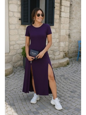 Miracotton Kadın Kısa Kollu Sırt Dekolteli Yırtmaç Detaylı Viskon Elbise