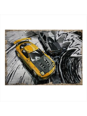 Bedeko Sarı Spor Araba Modern Ahşap Tablo 50 cm x 70 cm