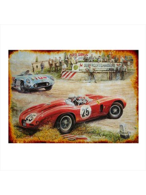 Bedeko Retro Araba Yarışı Tasarım Ahşap Tablo 50 cm x 70 cm