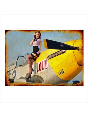 Bedeko Retro Uçak ve Kadın Mdf Tablo 50 cm x 70 cm
