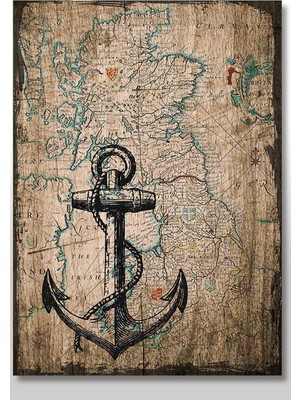 Bedeko Ahşap Tablo Harita Zeminde Çapa Desenli