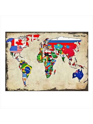 Bedeko Ahşap Tablo Dünya Haritası ve Bayraklar