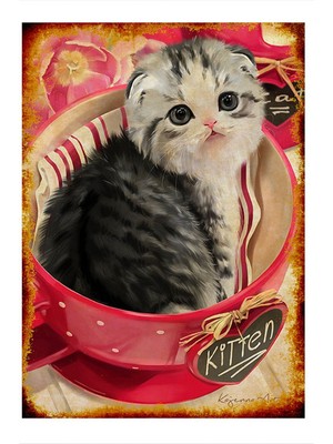 Bedeko Ahşap Tablo Kırmızı Fincan Içerisinde Kedi