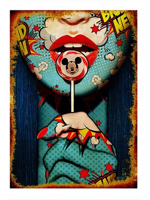 Bedeko Ahşap Tablo Pop Art Lolipop Yiyen Kadın