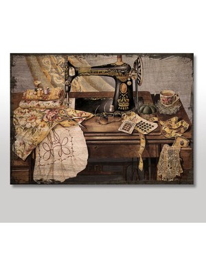 Bedeko Ahşap Tablo Nostaljik Dikiş Makinesı Desenli