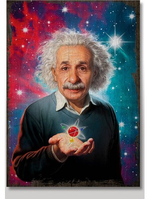 Bedeko Ahşap Tablo Dahi Albert Einstein Atomun Simgesi Görseli Baskılı 50 cm x 70 cm