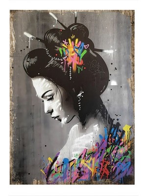 Renkli Japon Kadın Modern Ahşap Tablo 35 cm x 50 cm