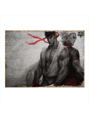 Bedeko Ken ve Ryu Hediyelik Ahşap Tablo 35 cm x 50 cm